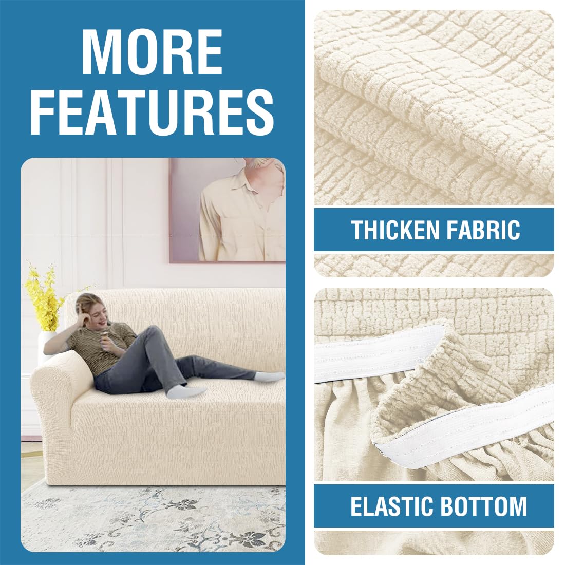 H.VERSAILTEX 2024 Newest Jacquard Couch Covers for 3 Cushion Couch 1 Piece Stretch Sofa Covers Furniture Protector Anti-Slip Soft Thickened Dogs Slipcovers Washable Crizzle Pattern(Sofa, Ivory)