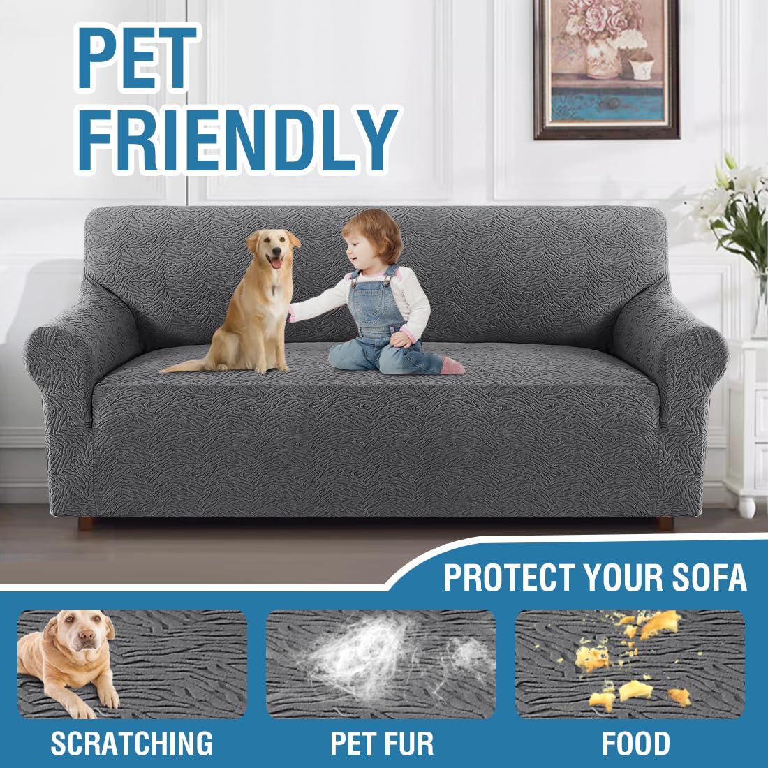 H.VERSAILTEX 2024 Newest Jacquard Couch Covers for 3 Cushion Couch 1 Piece Stretch Sofa Covers Furniture Protector Anti-Slip Soft Thickened Dogs Slipcovers Washable Leopard Pattern(Sofa, Grey)