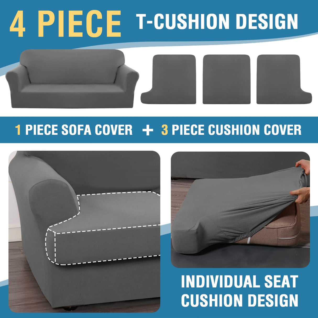 PrimeBeau 4 Pieces T Cushion Sofa Slipcovers Couch Cover for 3 Cushion Couch Non Slip Super Stretch Soft Washable Furniture Protector with 3 Individual T Cushion Covers