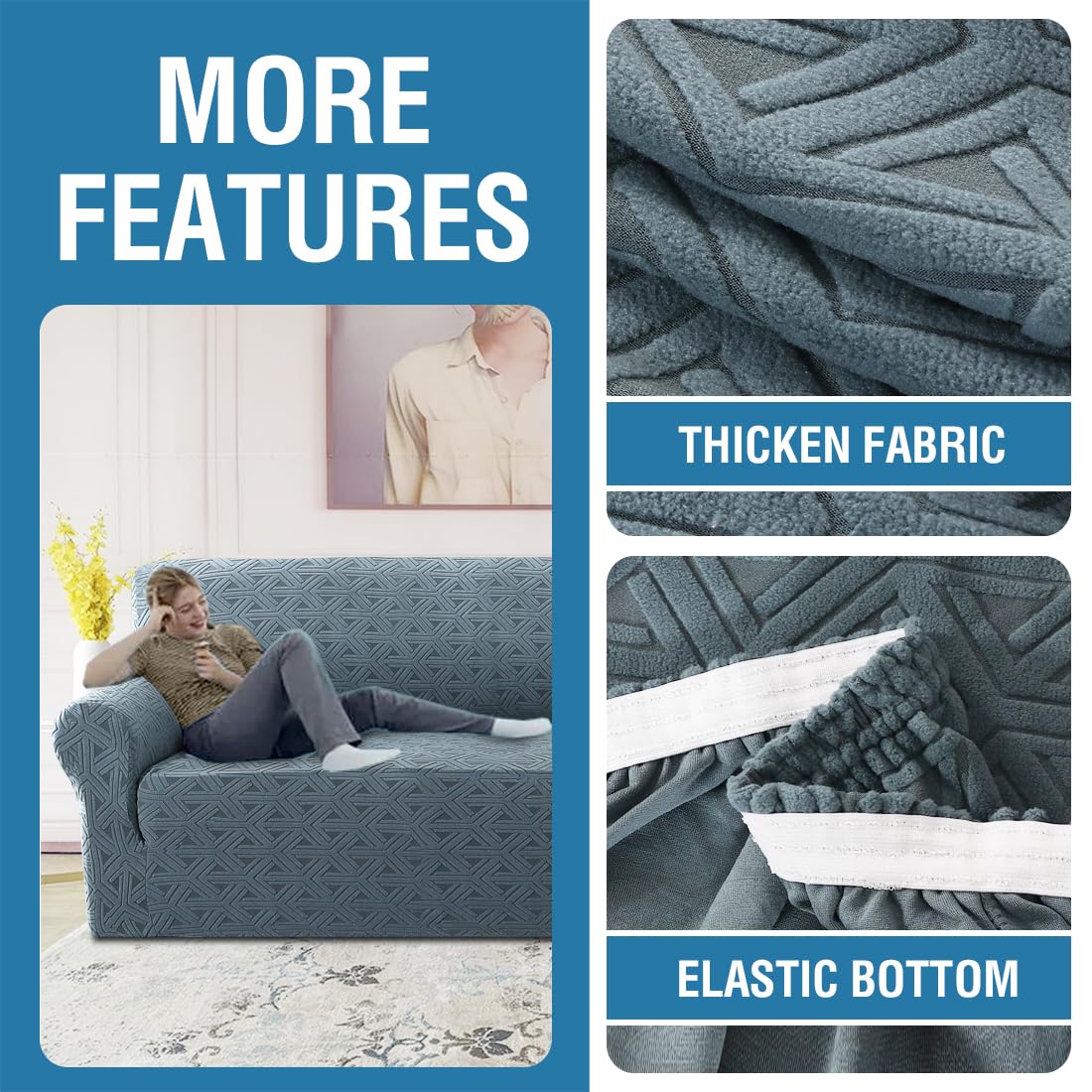 H.VERSAILTEX 2024 Newest Jacquard Couch Covers for 3 Cushion Couch 1 Piece Stretch Sofa Covers Furniture Protector Anti-Slip Soft Thickened Dogs Slipcovers Washable Diamond Pattern(Sofa, Stone Blue)