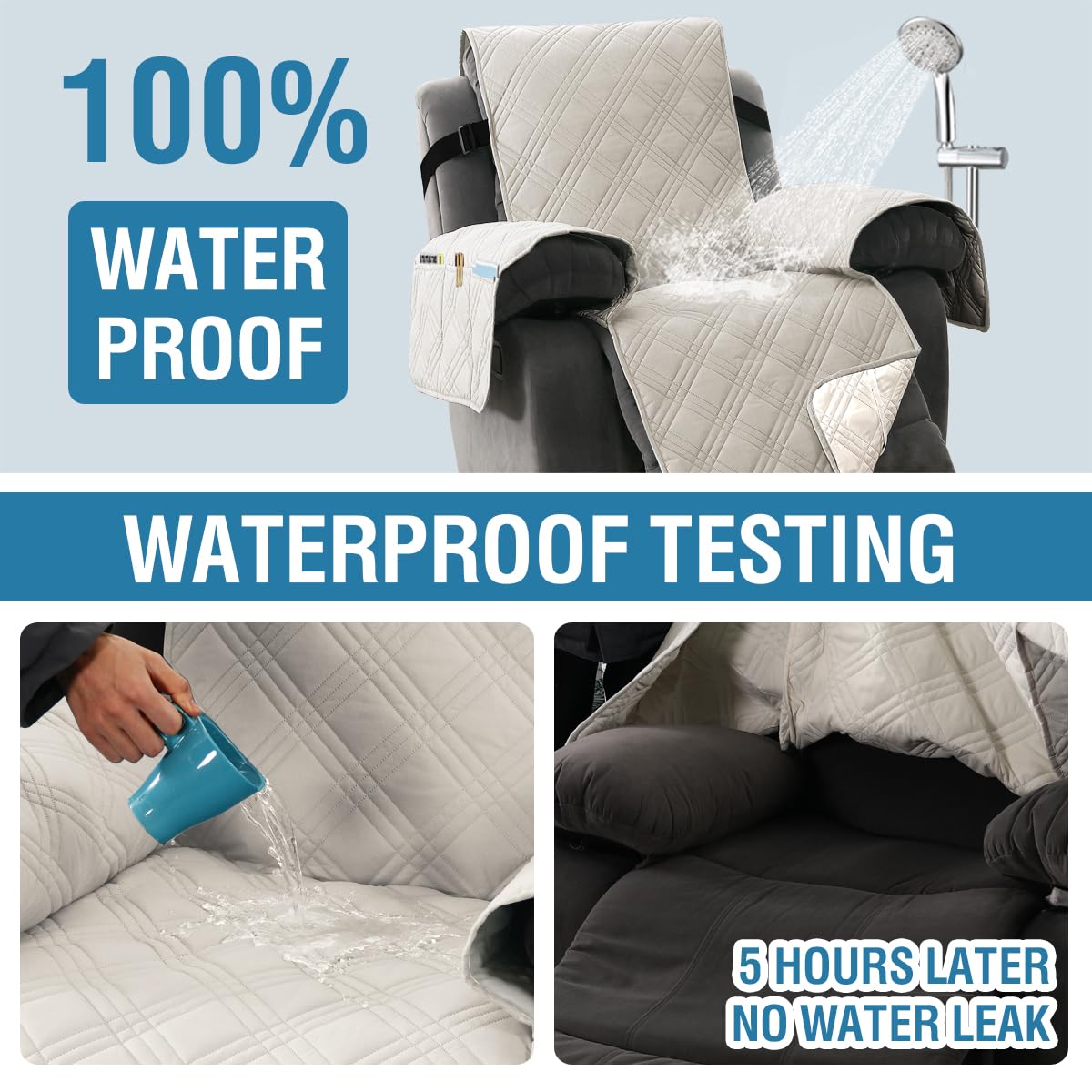 H.VERSAILTEX 100% Waterproof Recliner Slipcovers 1-Piece Lazy Boy Recliner Chair Covers Furniture Protector with Elastic Straps for Pets Kids Sitting Width Up to 23" (Recliner, Frenck Oak/Beige)