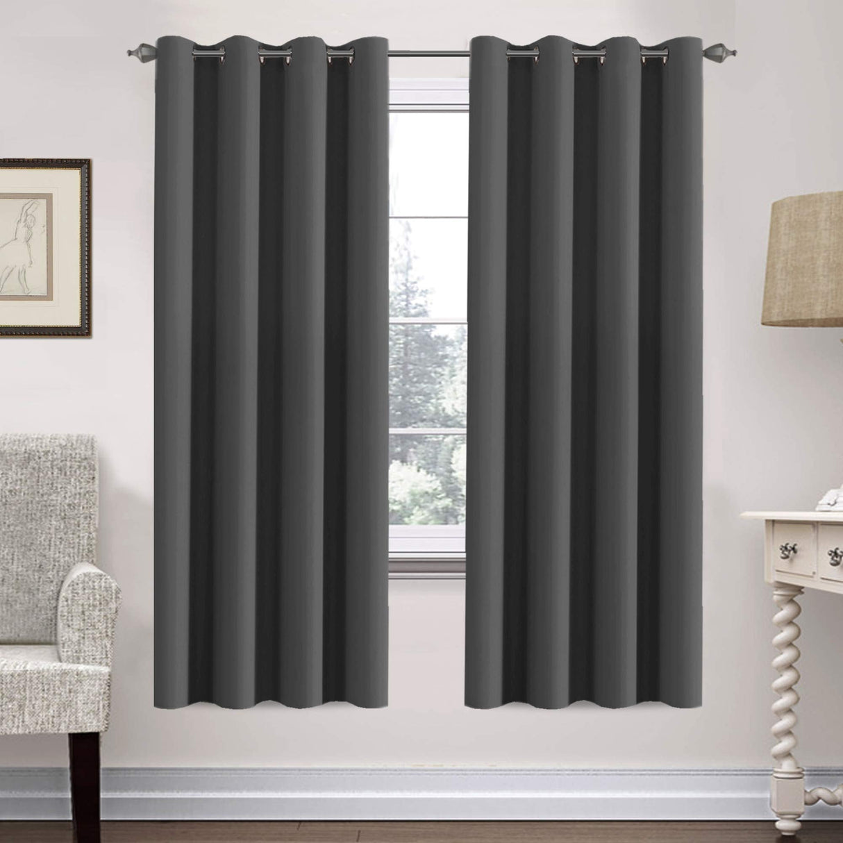 PrimeBeau Blackout Grommet Solid Color Curtain Set of 2 Panels, W52" Short
