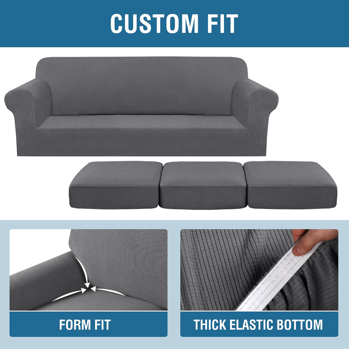 H.VERSAILTEX 4 Piece Stretch Sofa Covers for 3 Cushion Couch Covers for Living Room Furniture Slipcovers (Base Cover Plus 3 Seat Cushion Covers) Upgraded Thicker Jacquard Fabric (XL Sofa, Grey)