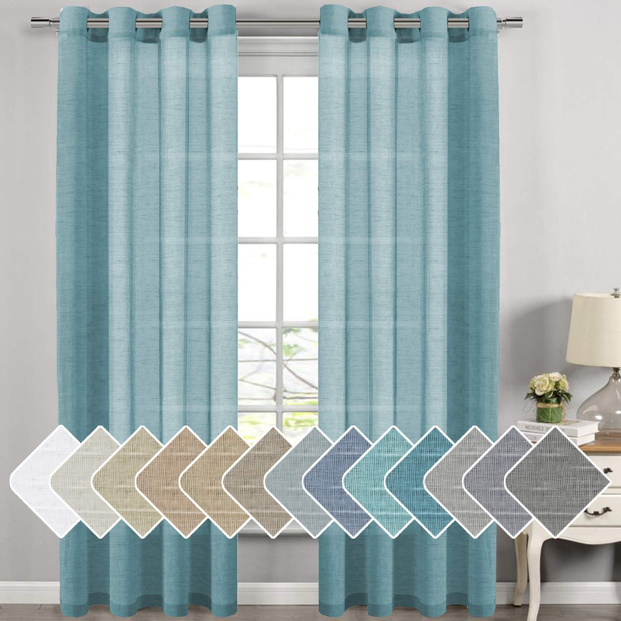 PrimeBeau Faux Linen Grommet Sheer Curtains - Set of 2 Panels 52 Series Long