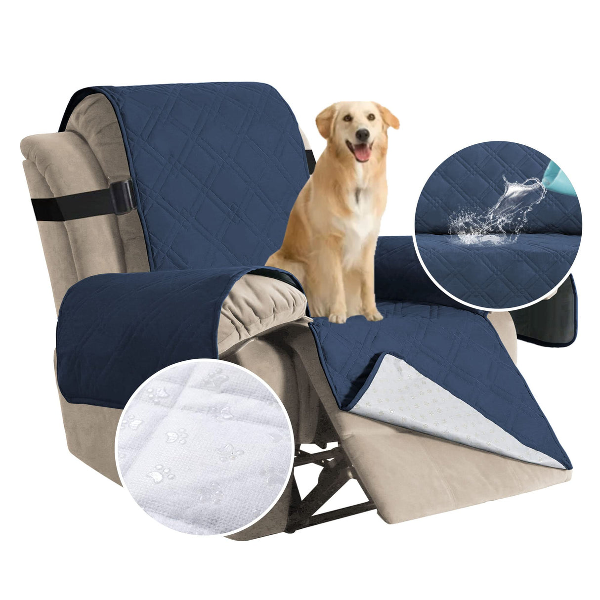 H.VERSAILTEX 100% Waterproof Recliner Covers for Reclining Chair Cover Non Slip Recliner Slipcovers Seat Width Up to 22" Washable Furniture Protector for Pets, Kids, Dog (Recliner, Navy)