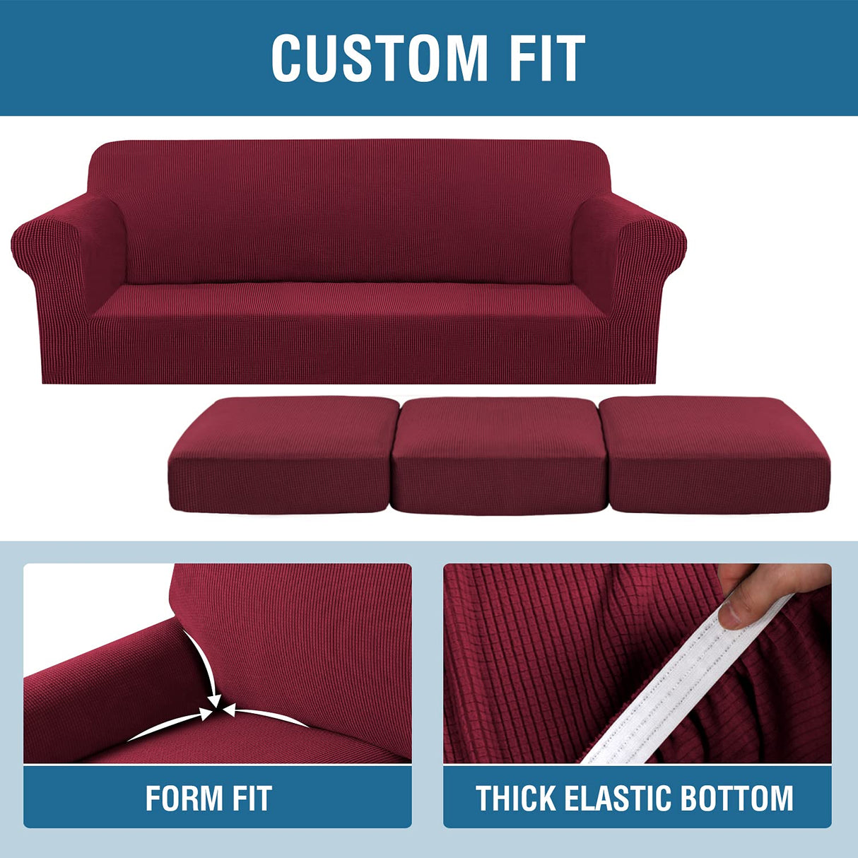 H.VERSAILTEX 4 Piece Stretch Sofa Covers for 3 Cushion Couch Covers for Living Room Furniture Slipcovers (Base Cover Plus 3 Seat Cushion Covers) Upgraded Thicker Jacquard Fabric (XL Sofa, Burgundy)