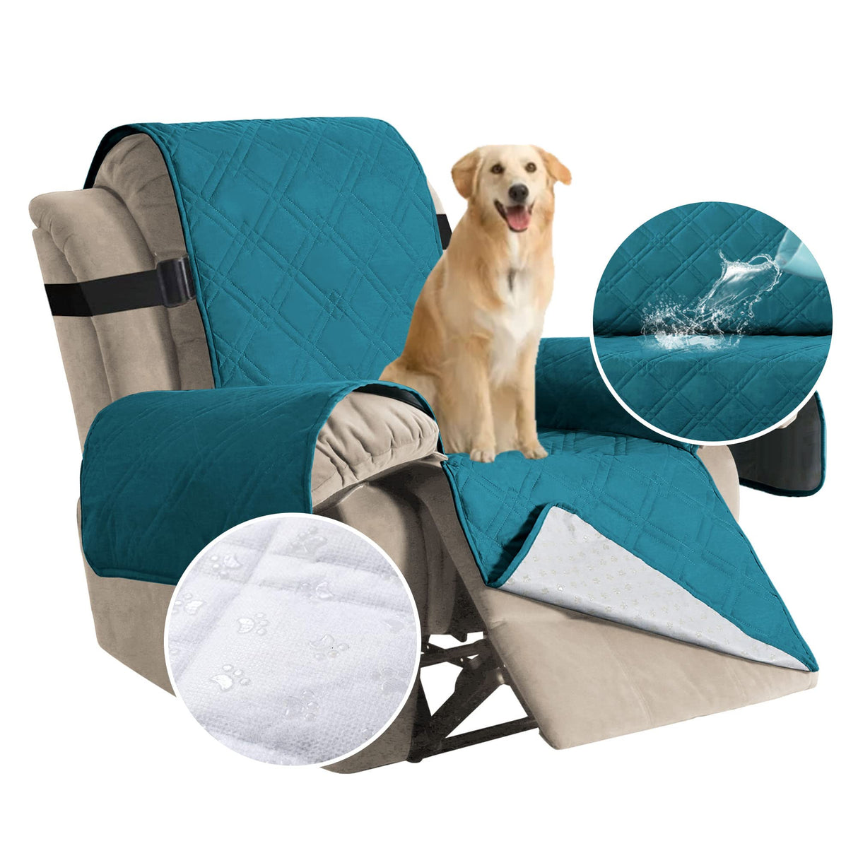 H.VERSAILTEX 100% Waterproof Recliner Chair Covers Recliner Cover for Recliner Chair Non-Slip Dog Chair Cover with Elastic Straps Washable Furniture Protector for Pets, Dogs (Recliner, Dark Teal)