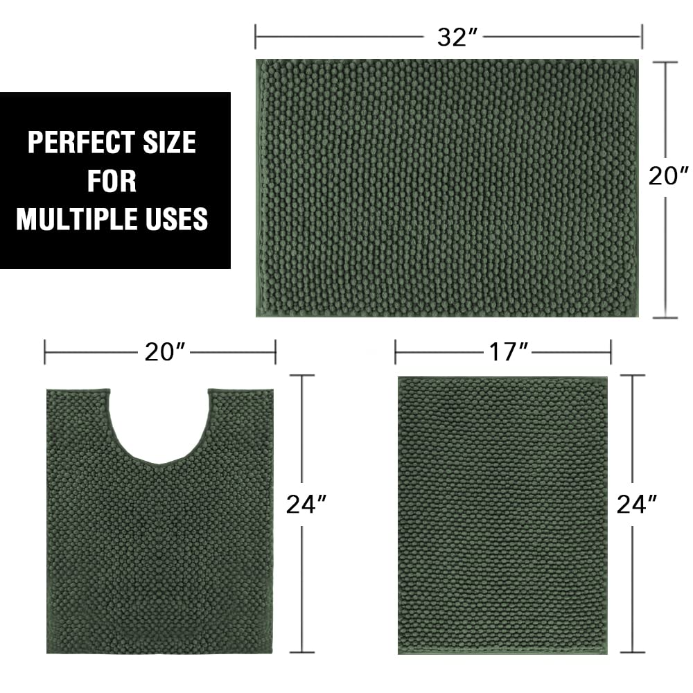 PrimeBeau 3-Piece Aqua Foam Bathroom Rugs Set | Non-Slip, Extra Absorbent Bath Mats for Tub & Shower | Soft Chenille, Vibrant Decor & Easy Care | 17''x24''+20''x32''+20''x24'' U-Shaped