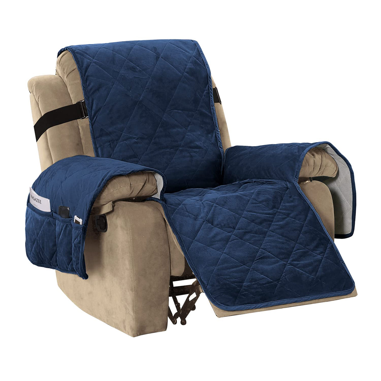 H.VERSAILTEX Thick Velvet Quilted Recliner Covers for Recliner Chair Covers Reclining Chair Slipcover Recliner Couch Cover with Non Slip Backing and Wider Elastic Strap (Oversaized Recliner, Navy)