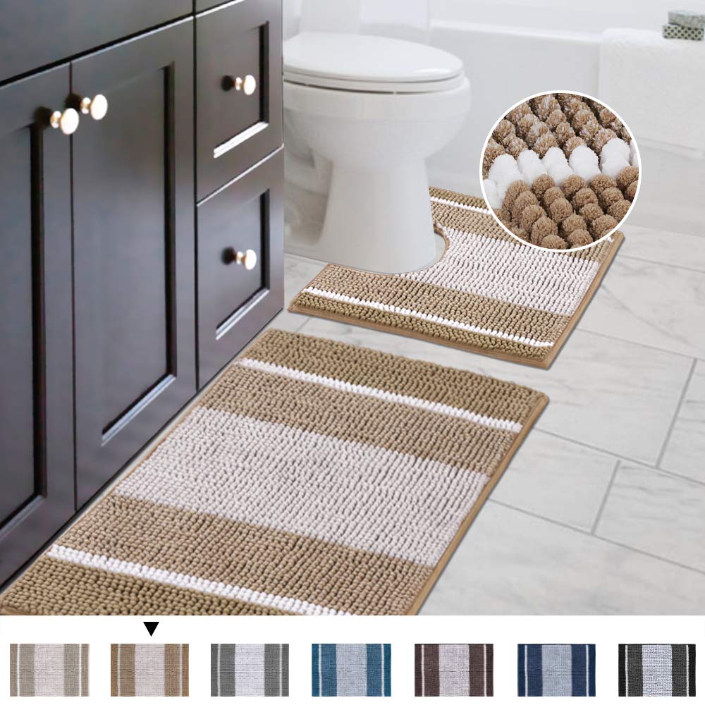 PrimeBeau Bath Rug Set 2 Piece for Bathroom Bath Mats Non Slip Bouncy Chenille Ombre Dyeing Bath Rugs Rectangle, Water Absorbent Striped Shag Mats