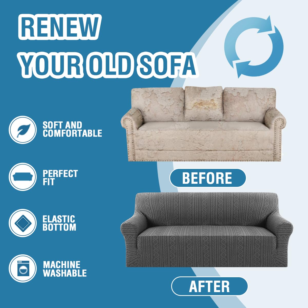 H.VERSAILTEX 2024 Newest Jacquard Couch Covers for 3 Cushion Couch 1 Piece Stretch Sofa Covers Furniture Protector Anti-Slip Soft Thickened Dogs Slipcovers Washable Spiral Pattern(Sofa, Grey)