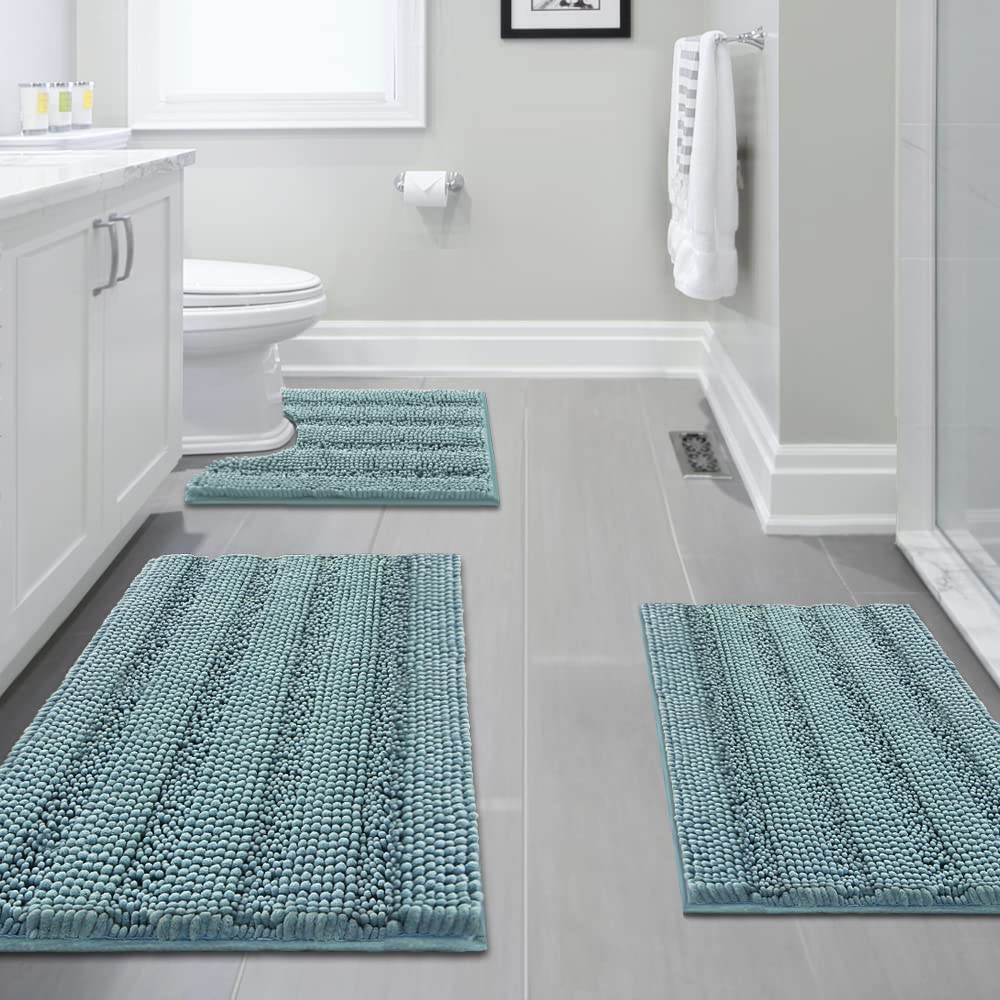 PrimeBeau 3 Piece Thick Striped Bathroom Rugs Set Non Slip Absorbent Soft Bath Mat (17''x24''+20''x32''+20''x24'' U-Shaped)