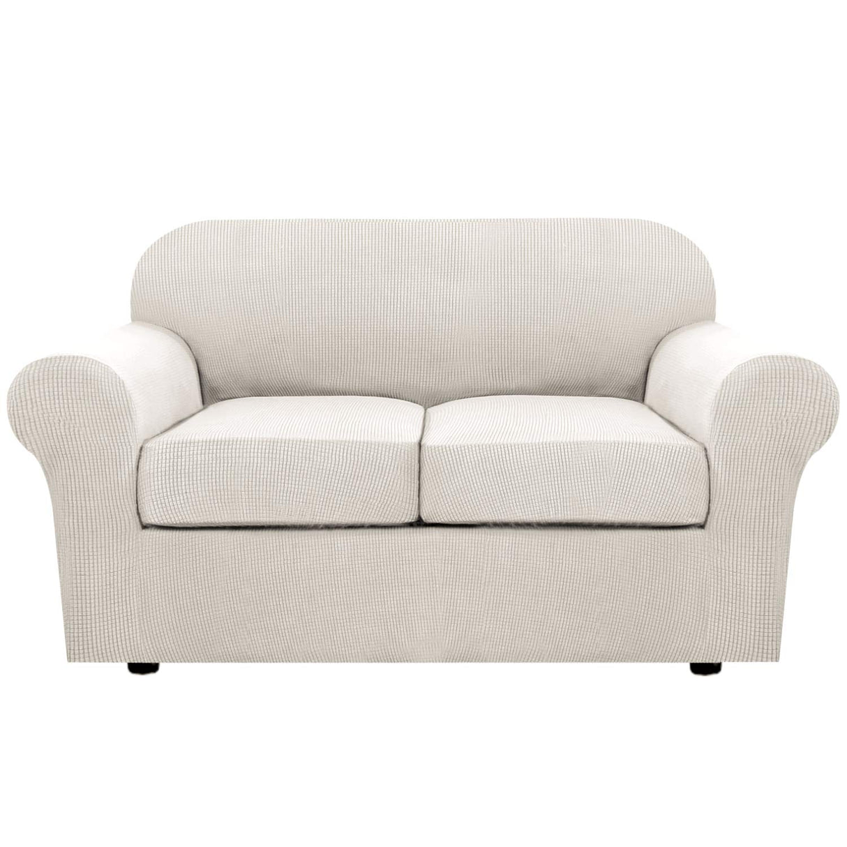 H.VERSAILTEX 3 Piece Stretch Sofa Covers for 2 Cushion Loveseat Couch Covers for Living Room Sofa Slipcovers (Base Cover Plus 2 Seat Cushion Covers) Thicker Jacquard Fabric(Medium Sofa, Ivory)