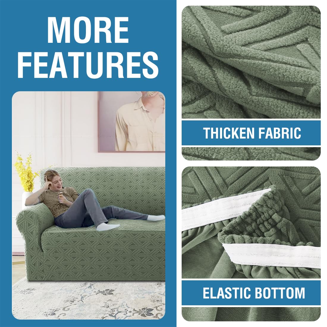 H.VERSAILTEX 2024 Newest Jacquard Couch Covers for 3 Cushion Couch 1 Piece Stretch Sofa Covers Furniture Protector Anti-Slip Soft Thickened Dogs Slipcovers Washable Diamond Pattern(Sofa, Sea Grass)