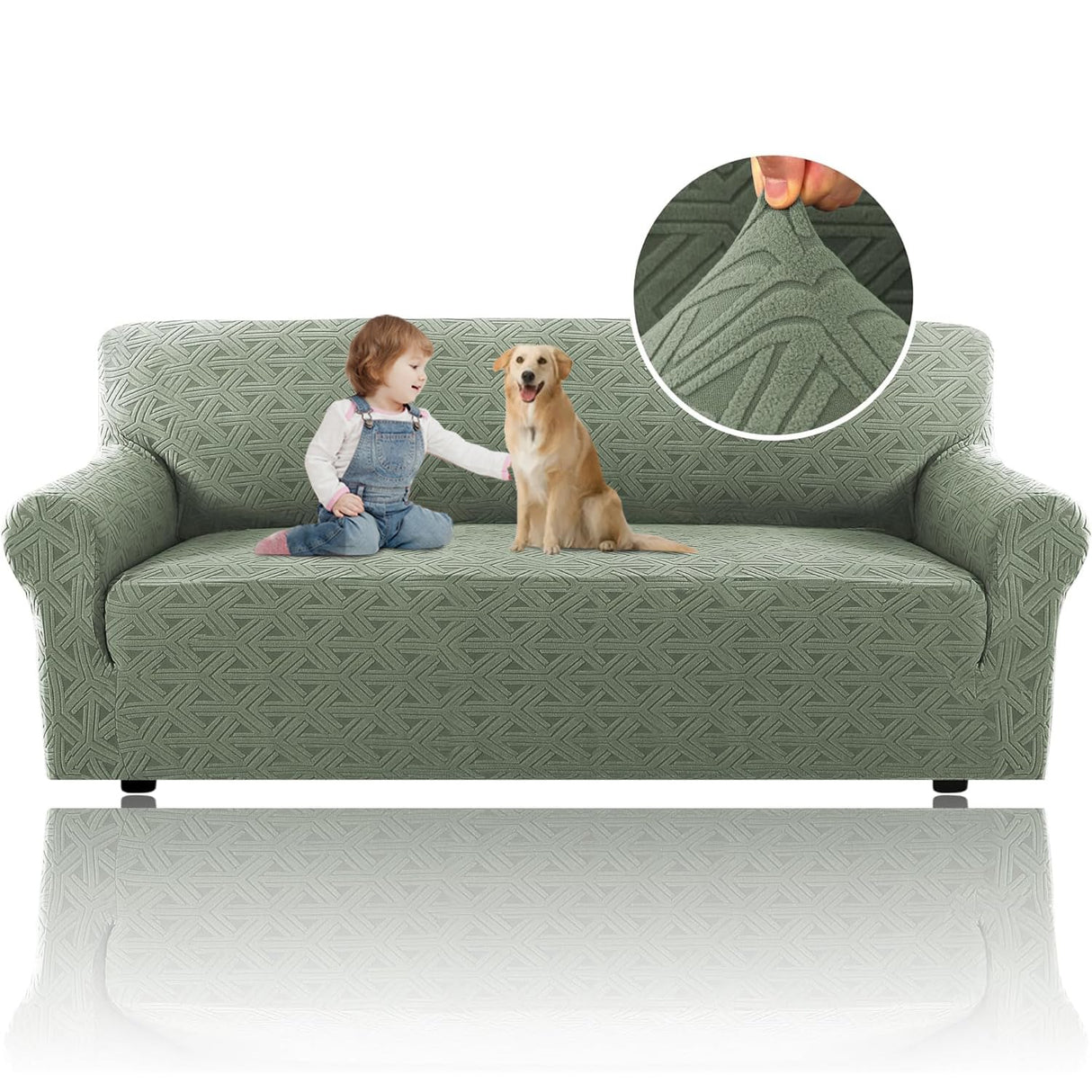 H.VERSAILTEX 2024 Newest Jacquard Couch Covers for 3 Cushion Couch 1 Piece Stretch Sofa Covers Furniture Protector Anti-Slip Soft Thickened Dogs Slipcovers Washable Diamond Pattern(Sofa, Sea Grass)