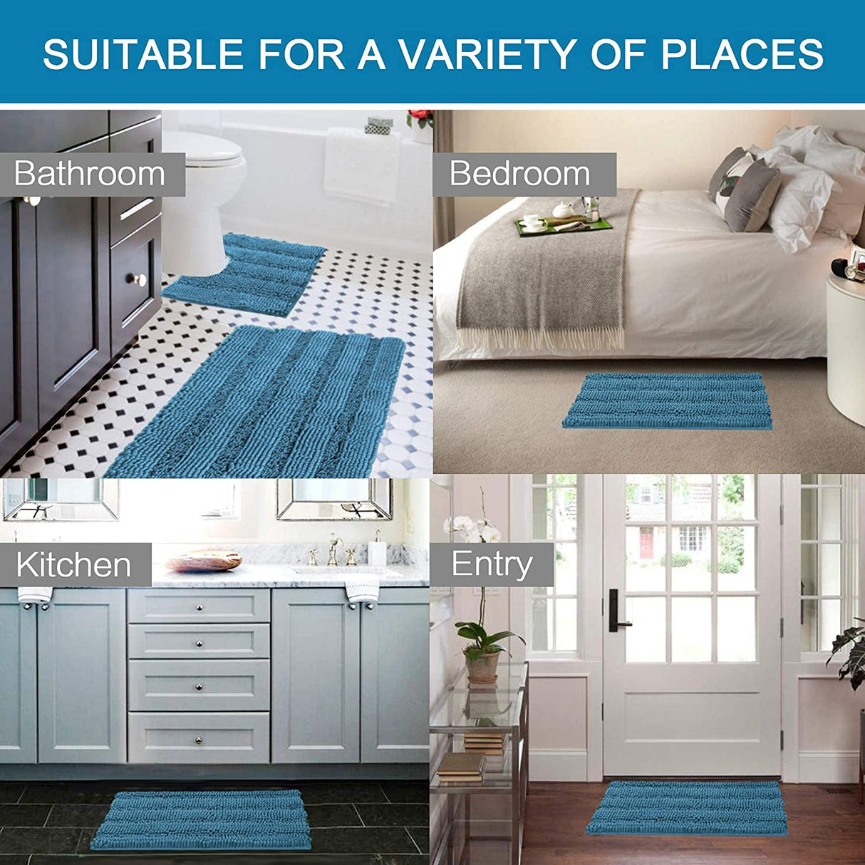 PrimeBeau 3 Piece Thick Striped Bathroom Rugs Set Non Slip Absorbent Soft Bath Mat (17''x24''+20''x32''+20''x24'' U-Shaped)
