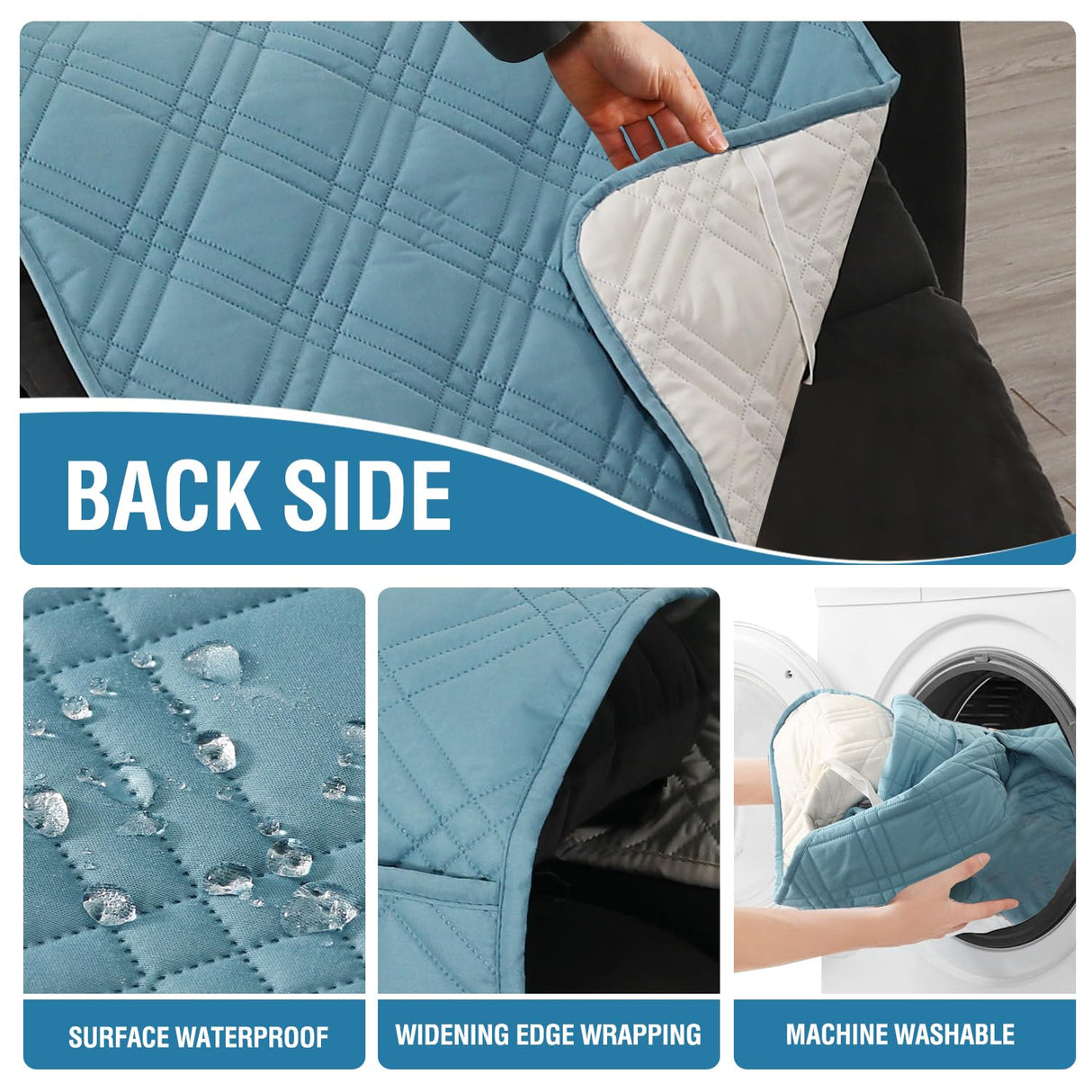 H.VERSAILTEX 100% Waterproof Recliner Covers for Recliner Chair 1-Piece Reversible Recliner Covers for Large Recliner with Elastic Straps Sitting Width Up to 28" (Oversized Recliner, Smoke Blue/Beige)