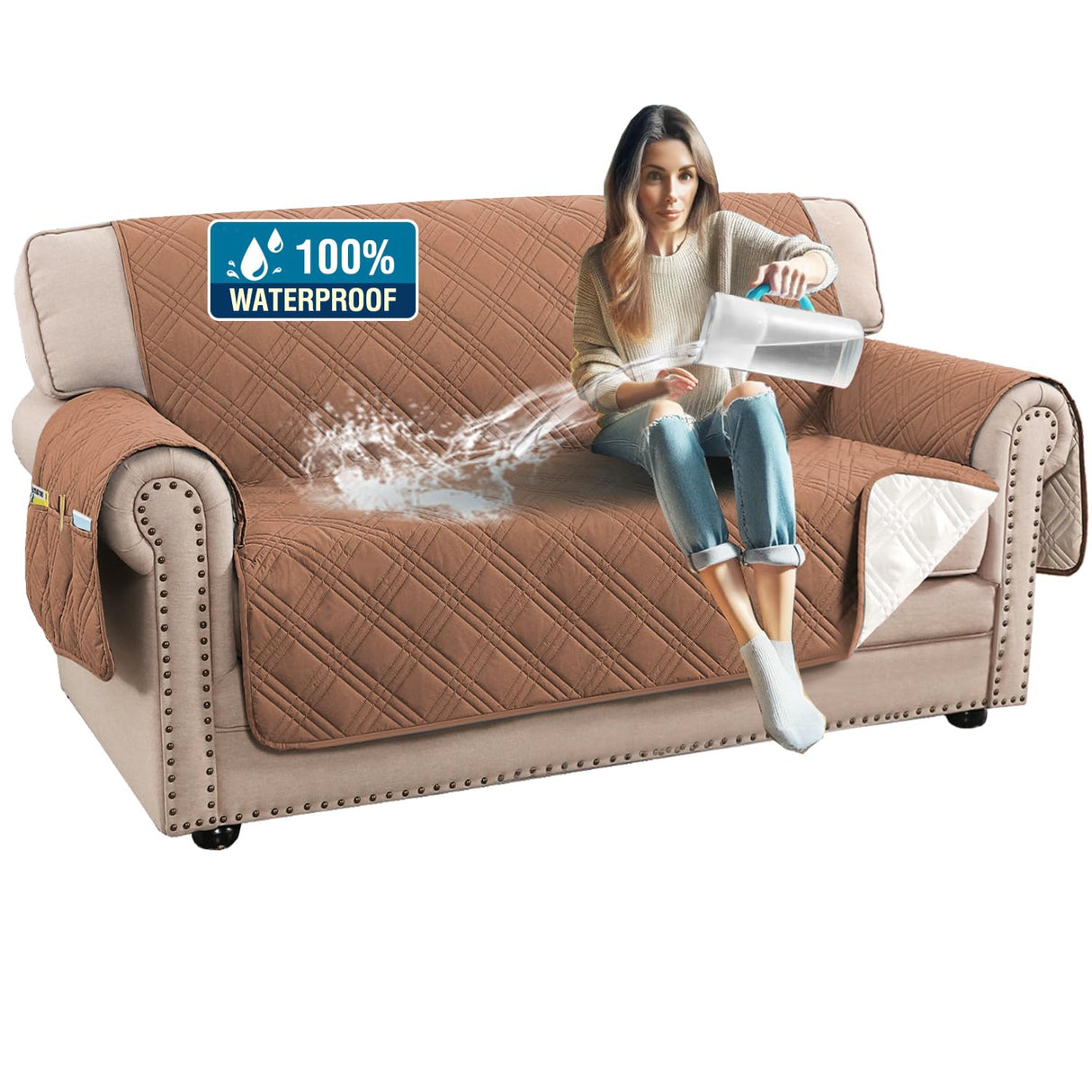 PrimeBeau 100% Waterproof Loveseat Covers Washable,Thick Soft Couch Cover for Dogs with Elastic Straps (Loveseat, Diamond Shape)