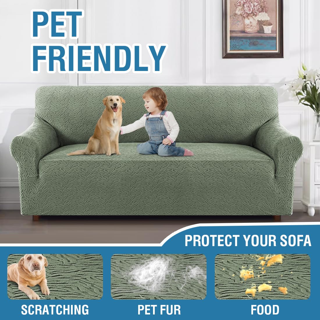 H.VERSAILTEX 2024 Newest Jacquard Couch Covers for 3 Cushion Couch 1 Piece Stretch Sofa Covers Furniture Protector Anti-Slip Soft Thickened Dogs Slipcovers Washable Leopard Pattern(Sofa, Sea Grass)