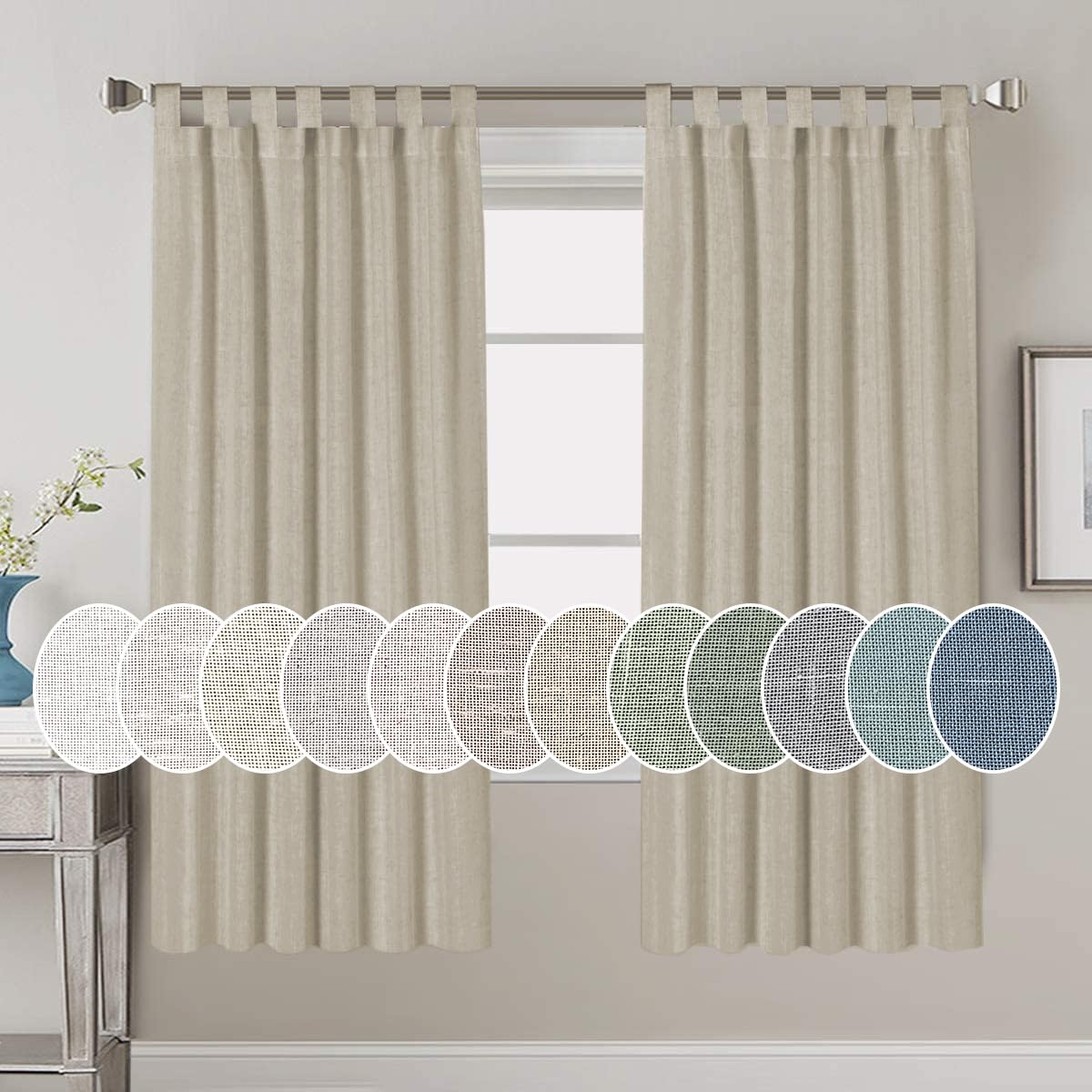 PrimeBeau Natural Linen Mix Tab Top Curtains, Light Filtering Panels (Set of 2)