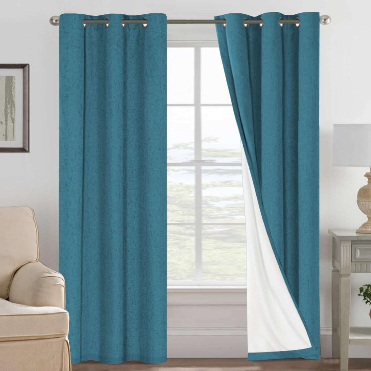 H.Versailtex Linen Blackout Thermal Insulated White Liner Grommet Top Small Window Curtains