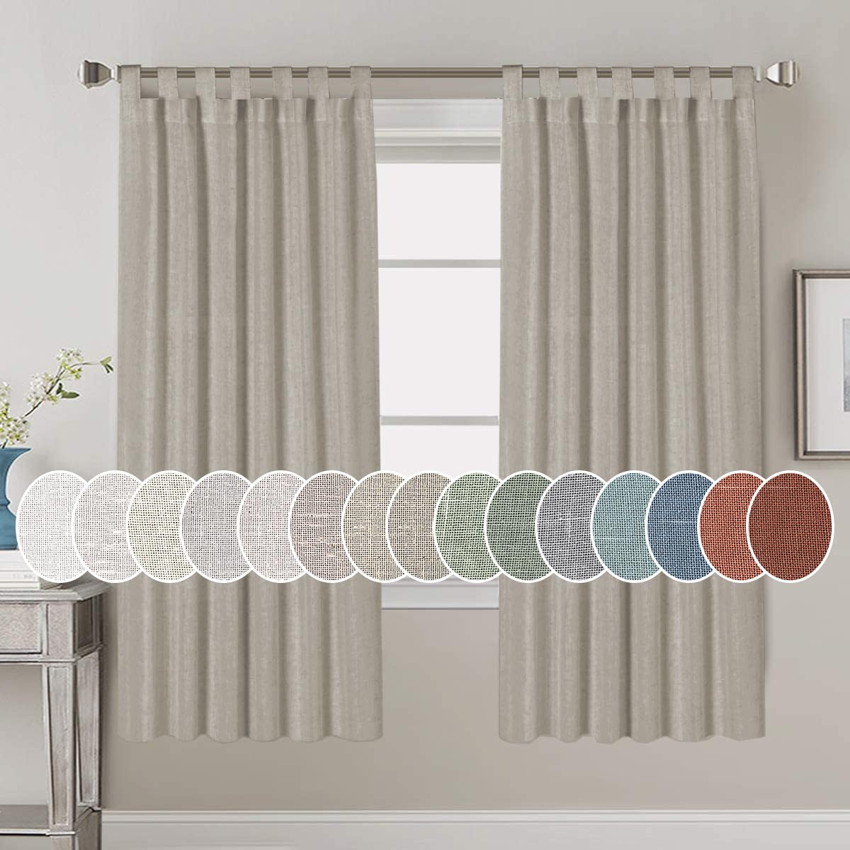PrimeBeau Natural Linen Mix Tab Top Curtains, Light Filtering Panels (Set of 2)