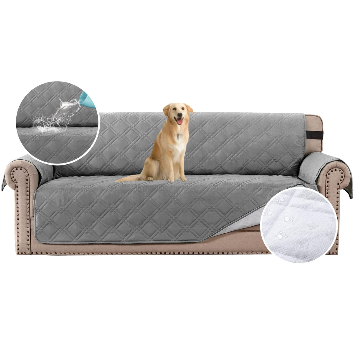 PrimeBeau 100% Waterproof Sofa Cover Protector | Couch Slipcover for 3 Cushion Couch | Non Slip Backing, Adjustable Strap | 5-Layers Material | Fits Seat Width up to 68"