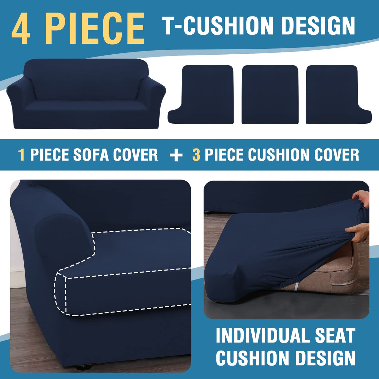 PrimeBeau 4 Pieces T Cushion Sofa Slipcovers Couch Cover for 3 Cushion Couch Non Slip Super Stretch Soft Washable Furniture Protector with 3 Individual T Cushion Covers