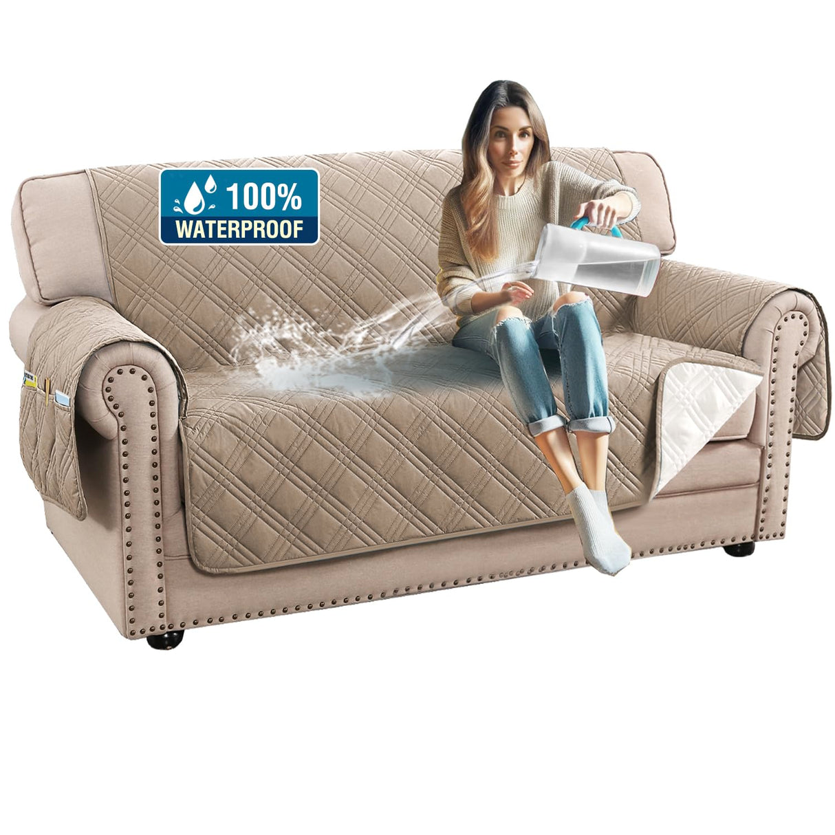 PrimeBeau 100% Waterproof Loveseat Covers Washable,Thick Soft Couch Cover for Dogs with Elastic Straps (Loveseat, Diamond Shape)