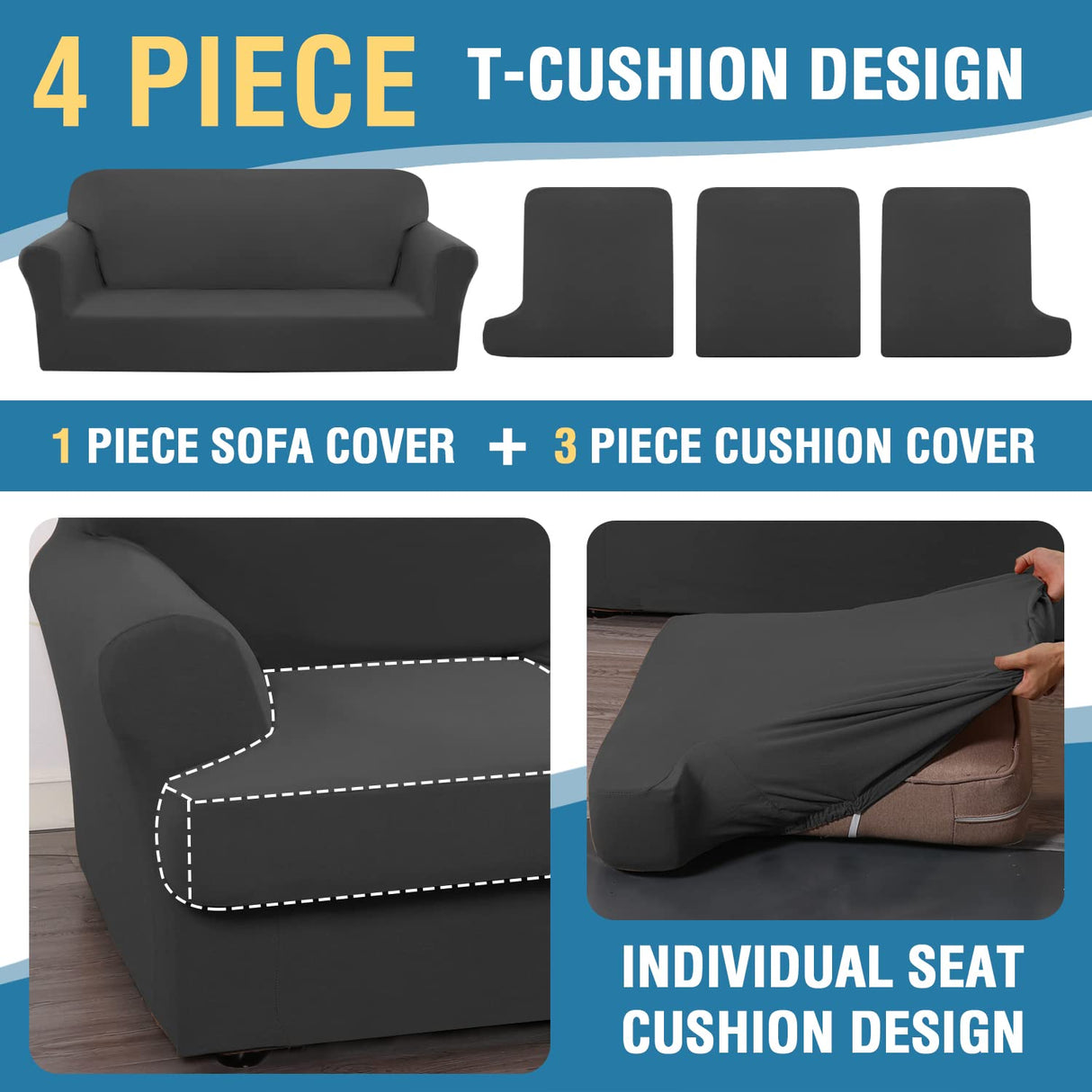 PrimeBeau 4 Pieces T Cushion Sofa Slipcovers Couch Cover for 3 Cushion Couch Non Slip Super Stretch Soft Washable Furniture Protector with 3 Individual T Cushion Covers