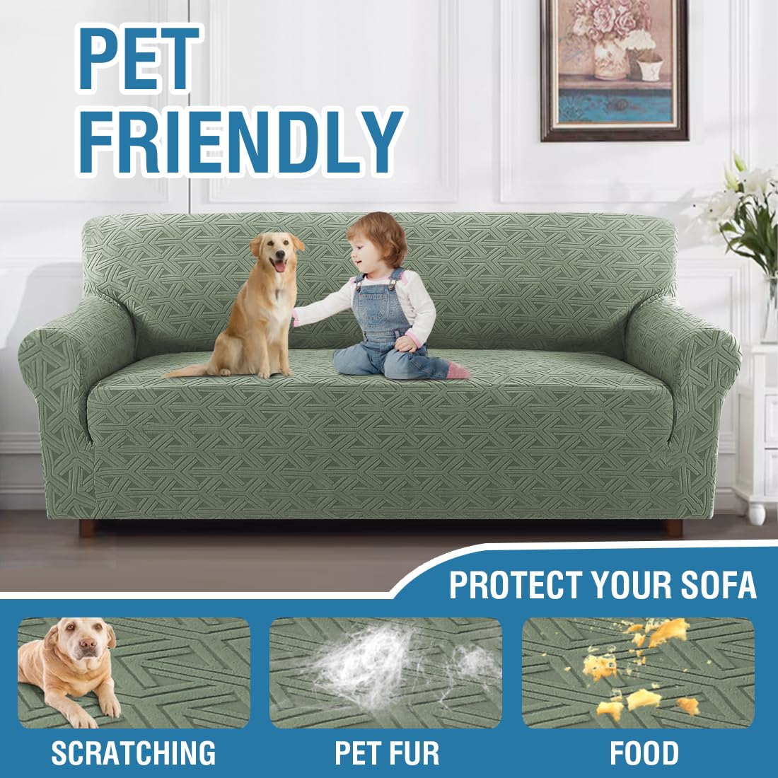 H.VERSAILTEX 2024 Newest Jacquard Couch Covers for 3 Cushion Couch 1 Piece Stretch Sofa Covers Furniture Protector Anti-Slip Soft Thickened Dogs Slipcovers Washable Diamond Pattern(Sofa, Sea Grass)