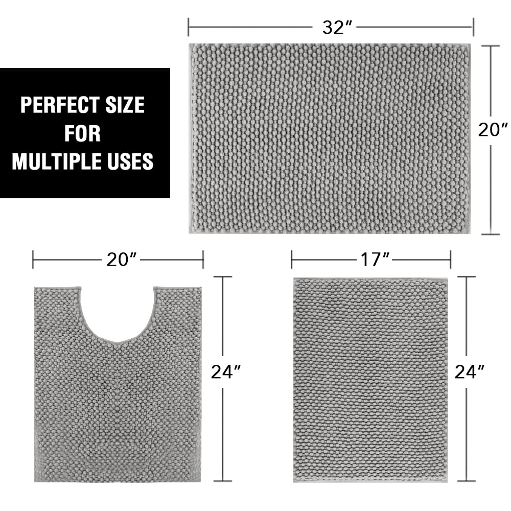 PrimeBeau 3-Piece Aqua Foam Bathroom Rugs Set | Non-Slip, Extra Absorbent Bath Mats for Tub & Shower | Soft Chenille, Vibrant Decor & Easy Care | 17''x24''+20''x32''+20''x24'' U-Shaped