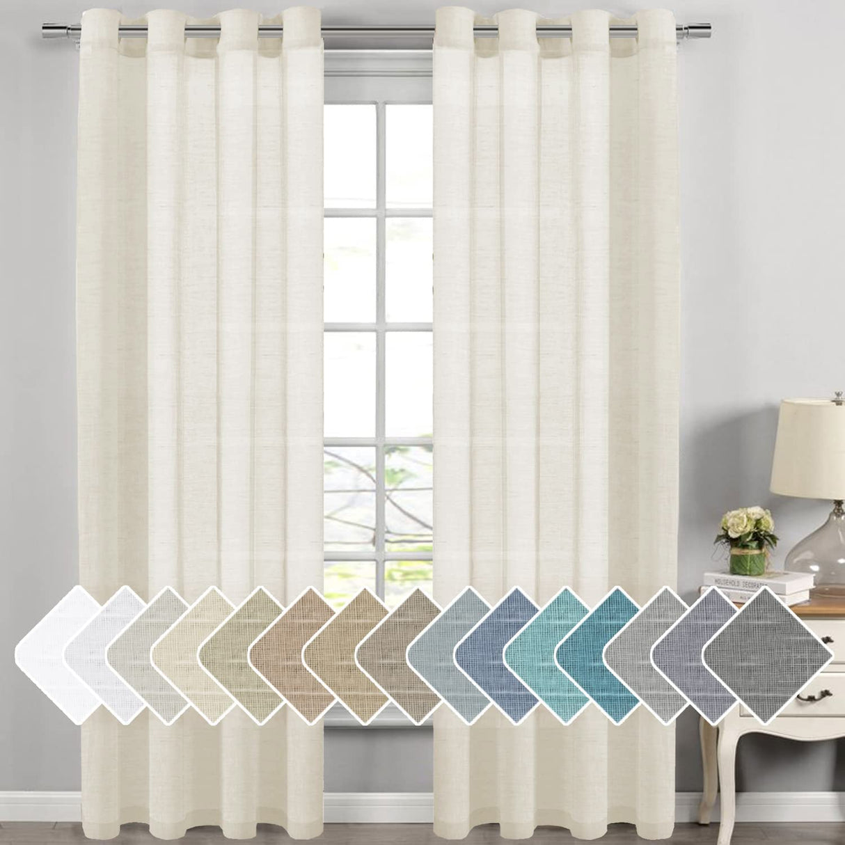 PrimeBeau Faux Linen Grommet Sheer Curtains - Set of 2 Panels 52 Series Long