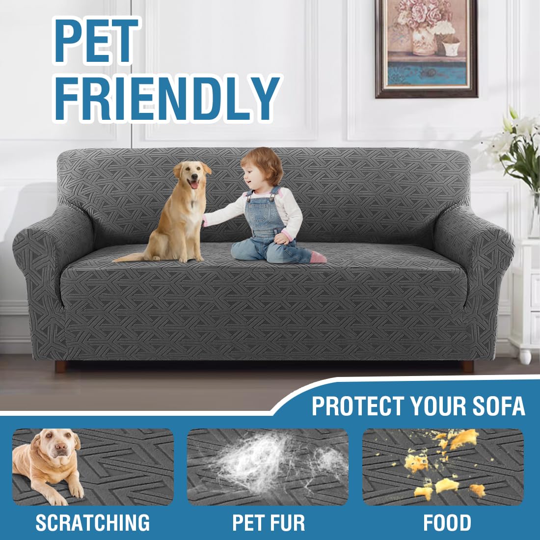 H.VERSAILTEX 2024 Newest Jacquard Couch Covers for 3 Cushion Couch 1 Piece Stretch Sofa Covers Furniture Protector Anti-Slip Soft Thickened Dogs Slipcovers Washable Diamond Pattern(Sofa, Grey)