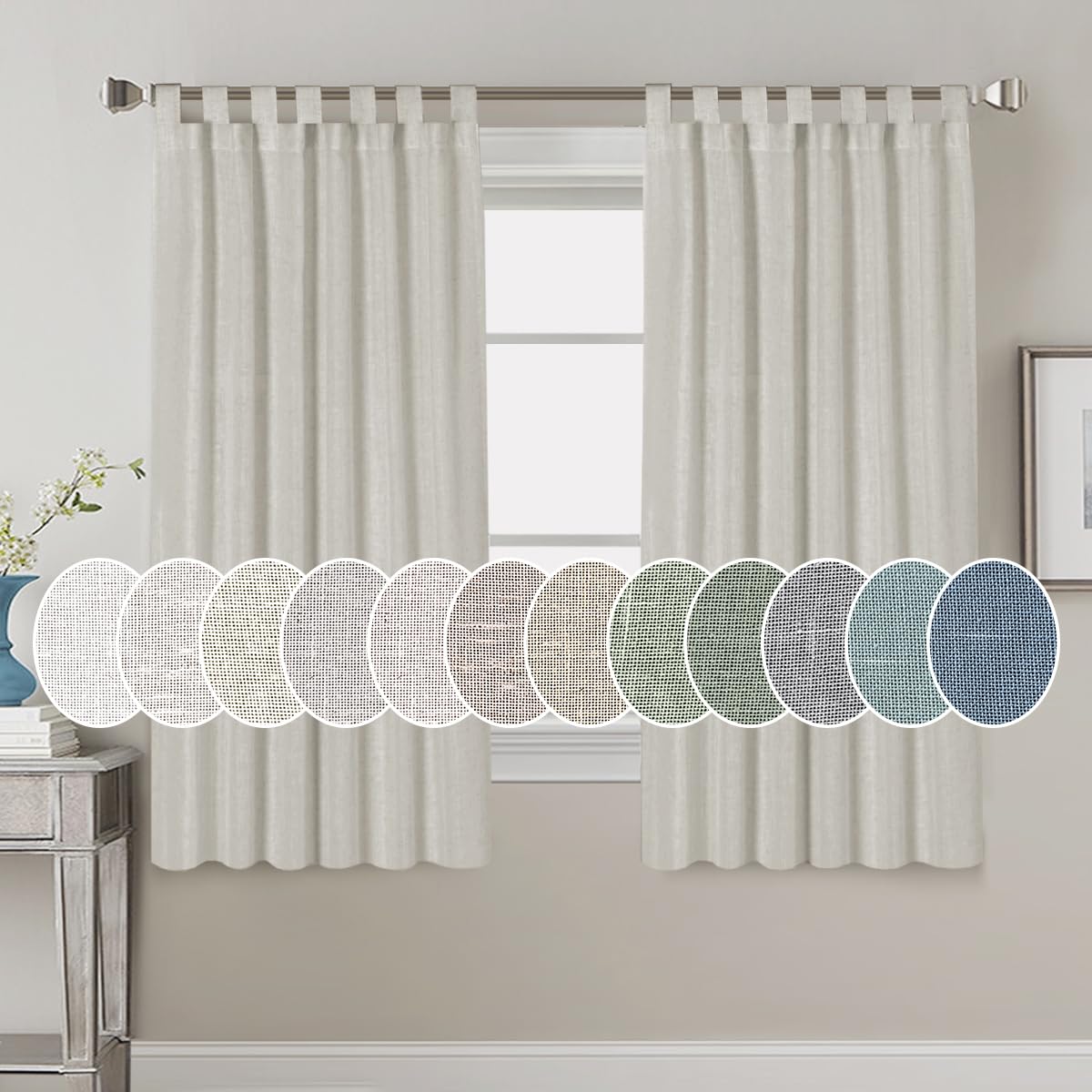 PrimeBeau Natural Linen Mix Tab Top Curtains, Light Filtering Panels (Set of 2)