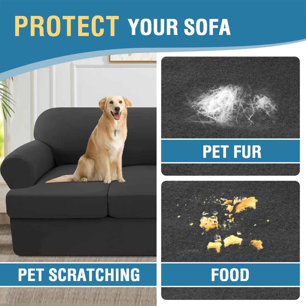 PrimeBeau 4 Pieces T Cushion Sofa Slipcovers Couch Cover for 3 Cushion Couch Non Slip Super Stretch Soft Washable Furniture Protector with 3 Individual T Cushion Covers