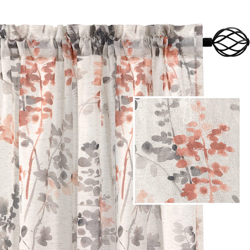 PrimeBeau Linen Sheer Rod Pocket Curtains Vintage Floral Printing, 2 Panels