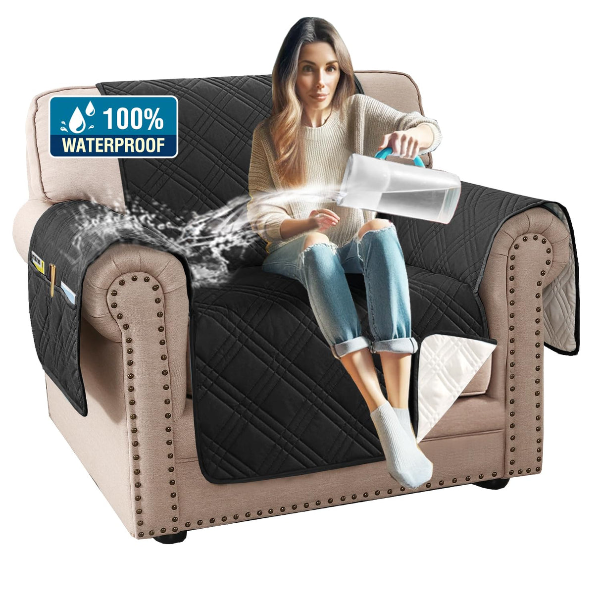 PrimeBeau 100% Waterproof Armchair Covers Washable,Thick Soft Couch Cover for Dogs with Elastic Straps (Armchair, Diamond Shape)