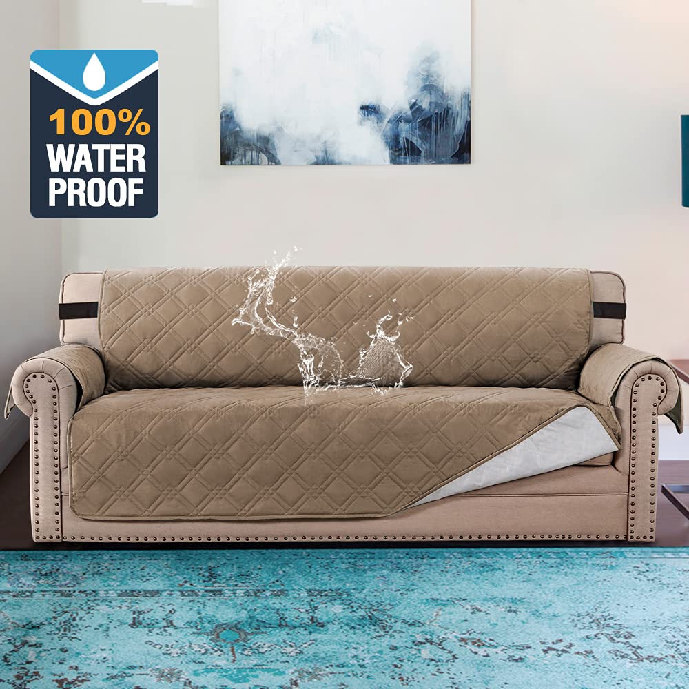 PrimeBeau 100% Waterproof Sofa Cover Protector | Couch Slipcover for 3 Cushion Couch | Non Slip Backing, Adjustable Strap | 5-Layers Material | Fits Seat Width up to 68"