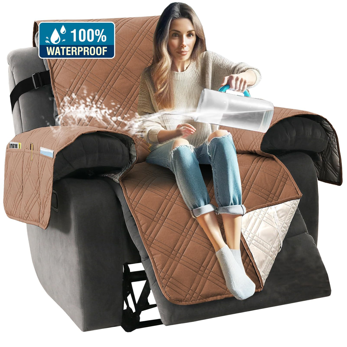 H.VERSAILTEX 100% Waterproof Recliner Chair Covers with Arms Lazy Boy Recliner Chair Covers Furniture Protector with Elastic Straps for Pets Kids Sitting Width Up to 23" (Recliner, Terracotta/Beige)