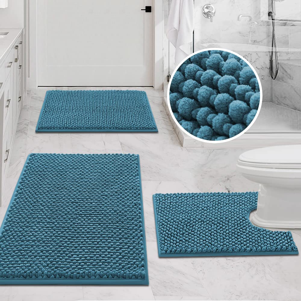 PrimeBeau 3-Piece Aqua Foam Bathroom Rugs Set | Non-Slip, Extra Absorbent Bath Mats for Tub & Shower | Soft Chenille, Vibrant Decor & Easy Care | 17''x24''+20''x32''+20''x24'' U-Shaped