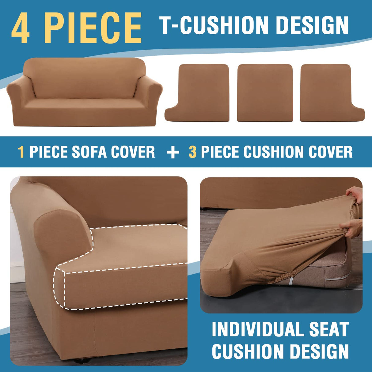 PrimeBeau 4 Pieces T Cushion Sofa Slipcovers Couch Cover for 3 Cushion Couch Non Slip Super Stretch Soft Washable Furniture Protector with 3 Individual T Cushion Covers
