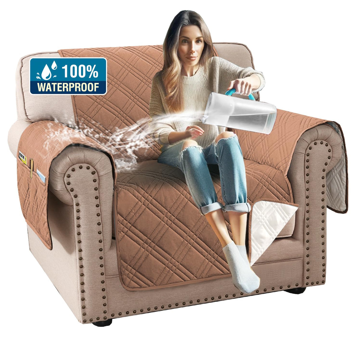 PrimeBeau 100% Waterproof Armchair Covers Washable,Thick Soft Couch Cover for Dogs with Elastic Straps (Armchair, Diamond Shape)