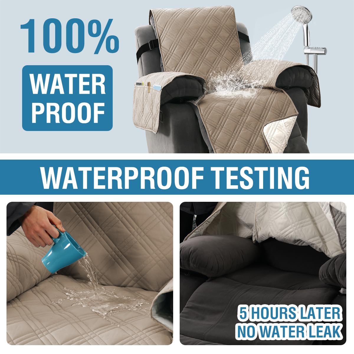 H.VERSAILTEX 100% Waterproof Cover for Recliner Chair 1-Piece Reversible Recliner Covers for Large Recliner with Elastic Straps Sitting Width Up to 28" (Oversized Recliner, Taupe/Beige)