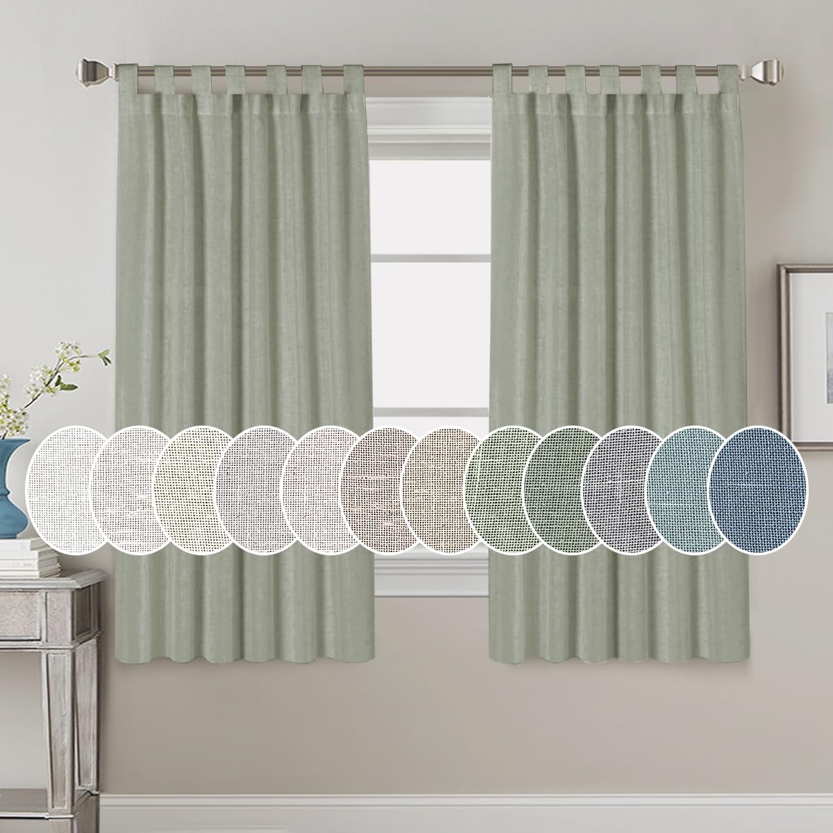 PrimeBeau Natural Linen Mix Tab Top Curtains, Light Filtering Panels (Set of 2)