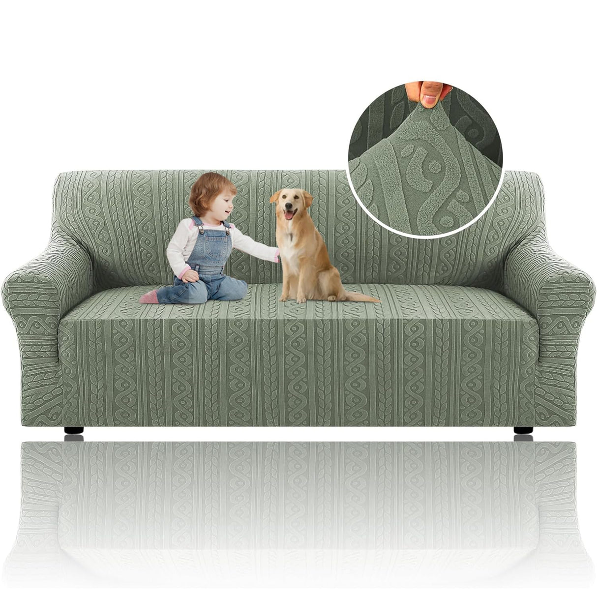 H.VERSAILTEX 2024 Newest Jacquard Couch Covers for 3 Cushion Couch 1 Piece Stretch Sofa Covers Furniture Protector Anti-Slip Soft Thickened Dogs Slipcovers Washable Spiral Pattern(Sofa, Sea Grass)