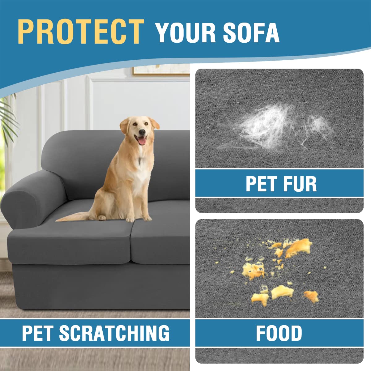 PrimeBeau 4 Pieces T Cushion Sofa Slipcovers Couch Cover for 3 Cushion Couch Non Slip Super Stretch Soft Washable Furniture Protector with 3 Individual T Cushion Covers