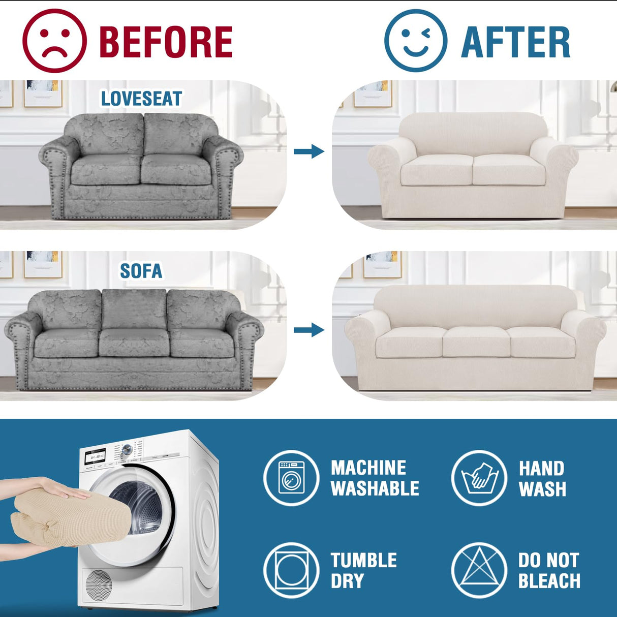 PrimeBeau Couch Cover Sets for Sofa Plus Loveseat, Stretch 4 Piece Sofa Covers for 3 Cushion Couch/3 Piece Loveseat Covers for 2 Cushion Couch with Thicker Jacquard Fabric(Total 7 Pieces)