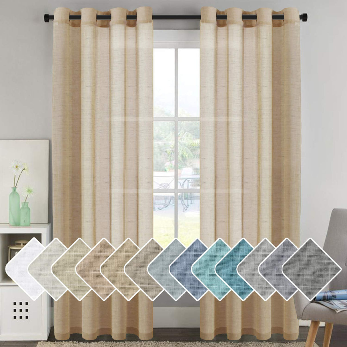 PrimeBeau Faux Linen Grommet Sheer Curtains - Set of 2 Panels 52 Series Long