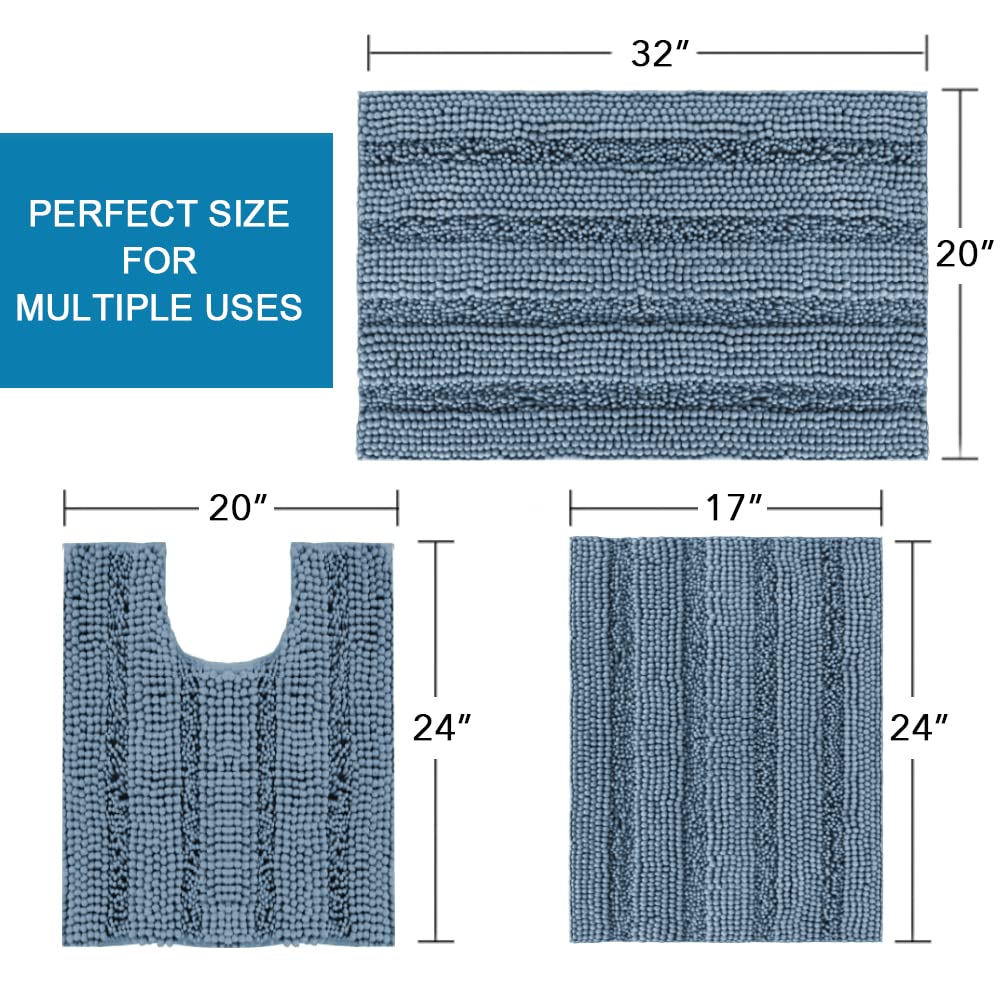 PrimeBeau 3 Piece Thick Striped Bathroom Rugs Set Non Slip Absorbent Soft Bath Mat (17''x24''+20''x32''+20''x24'' U-Shaped)